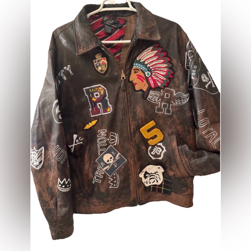 POLO RALPH LAUREN DISTRESSED VARSITY BOMBER JACKET GRAFFITI PATCHES MEN L